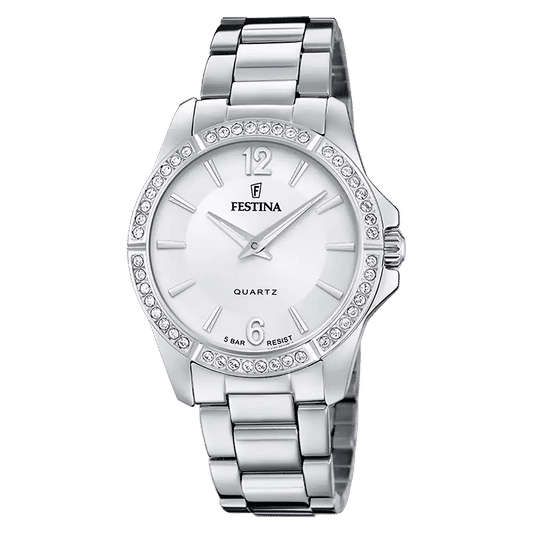 Festina Damenuhr mit Edelstahlband, weißem Zifferblatt und funkelnder Lünette