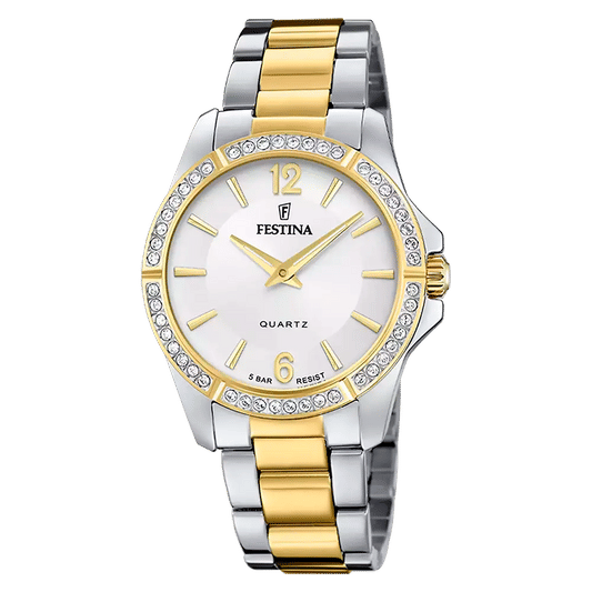 Bicolor-Damenuhr mit silbernem und goldenem Edelstahlband, Strasslünette