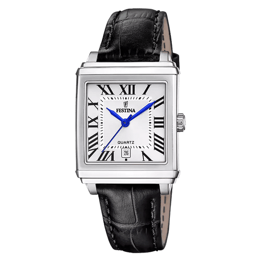 Silberne Damenarmbanduhr mit schwarzem Lederband und blauem Zeiger