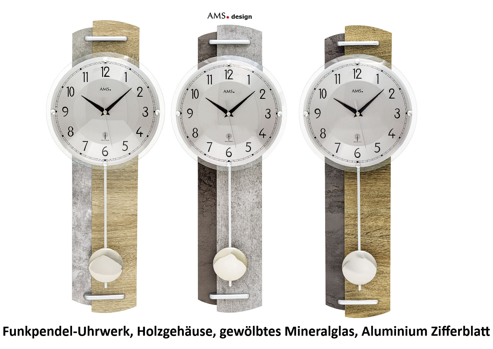 Wanduhr mit rundem Zifferblatt und Pendelkugel am Holzgehäuse