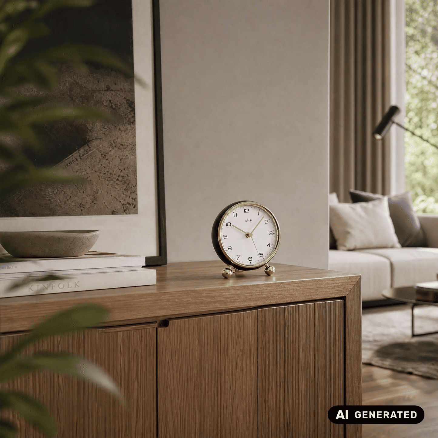 Tischuhr mit weißem Zifferblatt und metallischem Rahmen auf Holzkommode