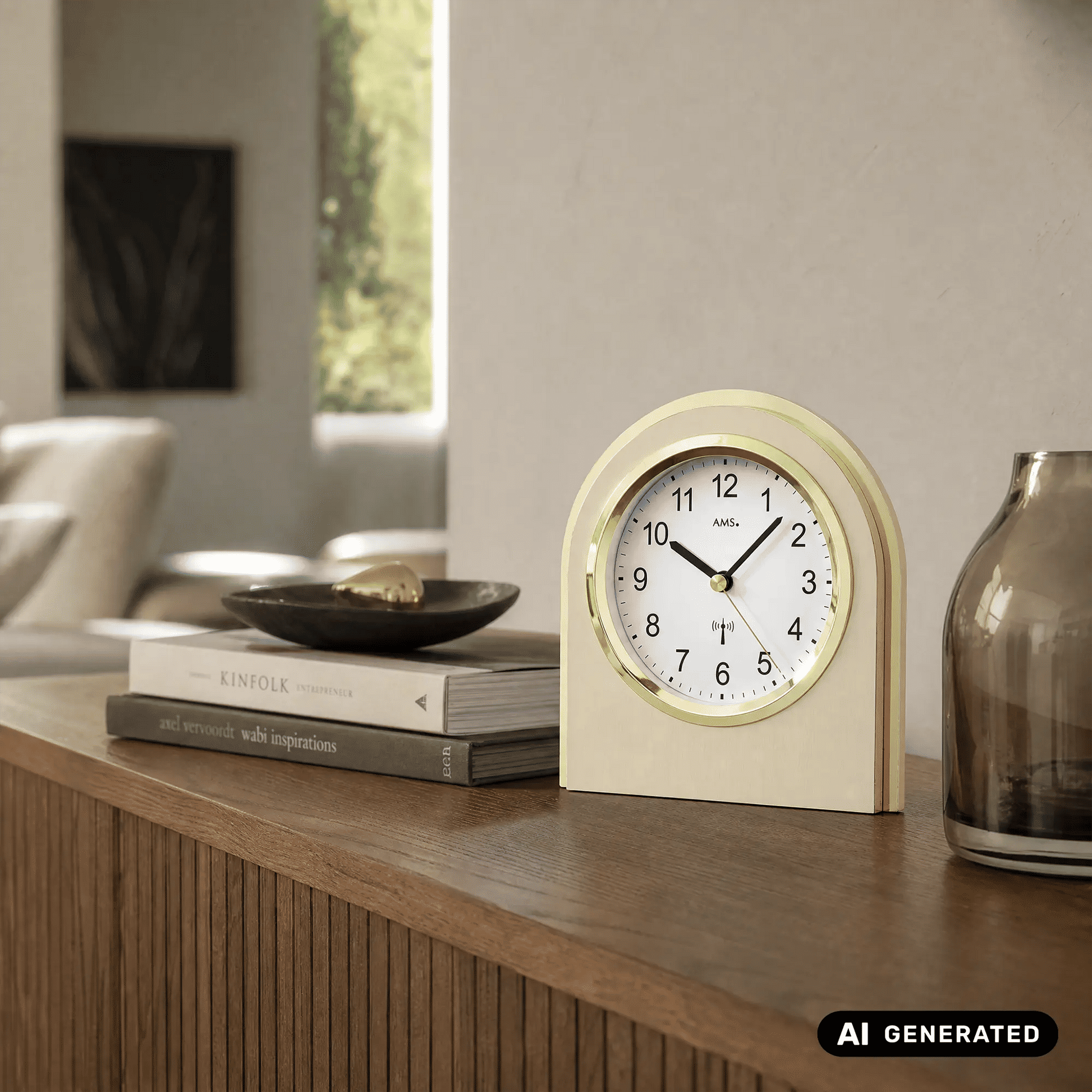 Tischuhr auf Sideboard, naturfarbenes Holz mit goldener Einfassung und weißem Zifferblatt