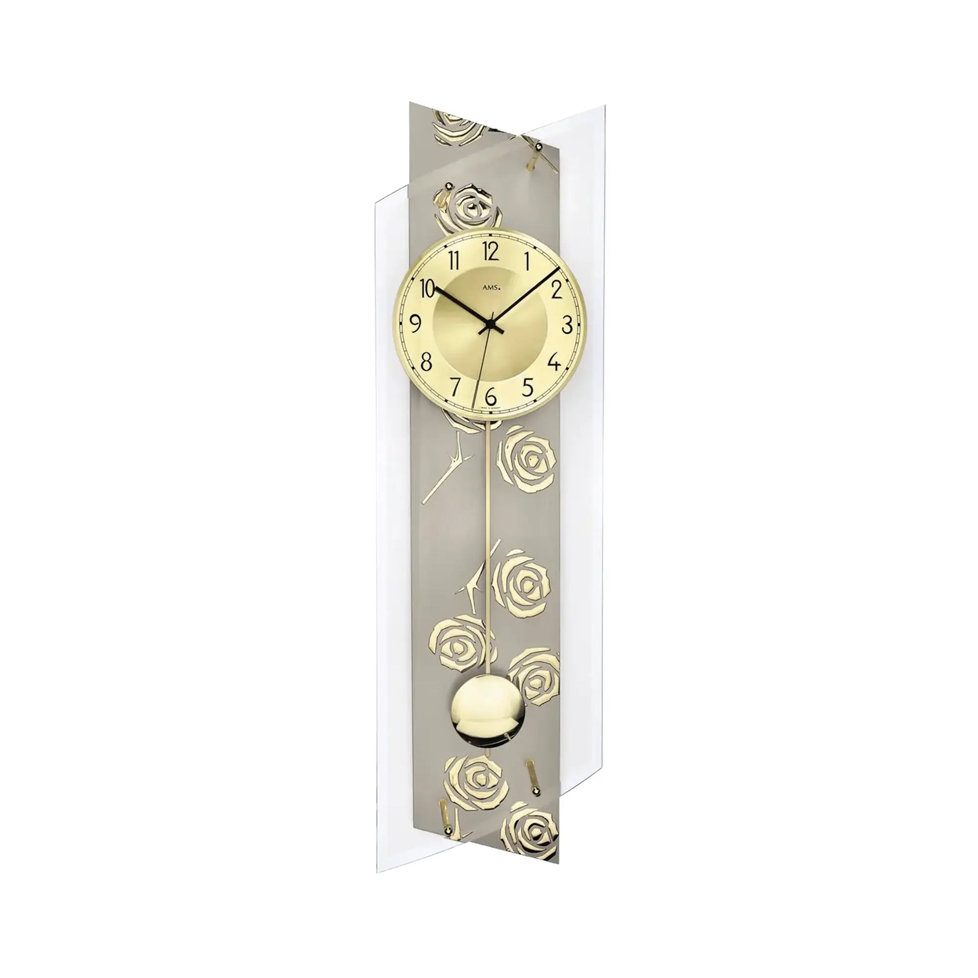 Wanduhr im Mineralglas mit goldenen Rosen, Pendelstab und analogem Ziffernblatt