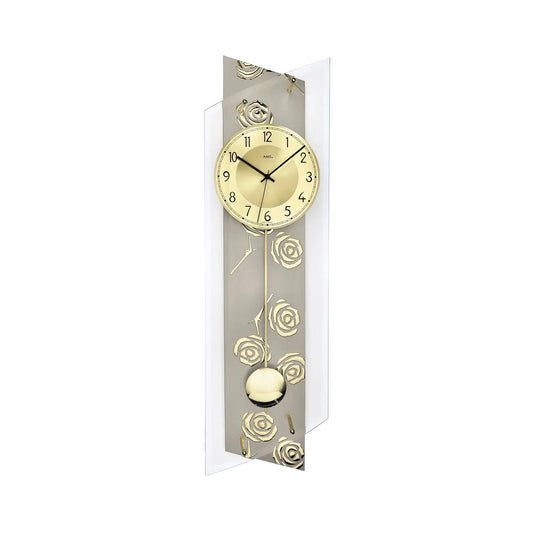 Wanduhr im Mineralglas mit goldenen Rosen, Pendelstab und analogem Ziffernblatt