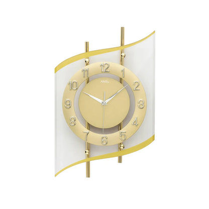 Goldfarbene Wanduhr mit rundem Zifferblatt und Mineralglas-Abdeckung
