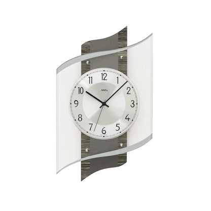 Wanduhr mit rundem Ziffernblatt, schwarzen Zeigern, Mineralglas und dunklem Holzdekor/Alu