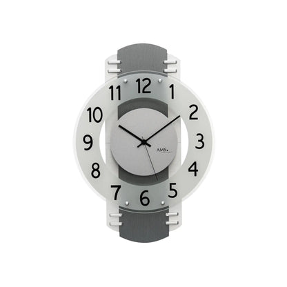 Wanduhr mit anthrazitfarbenem Ziffernblatt, weißem Rahmen und AMS-Uhrwerk