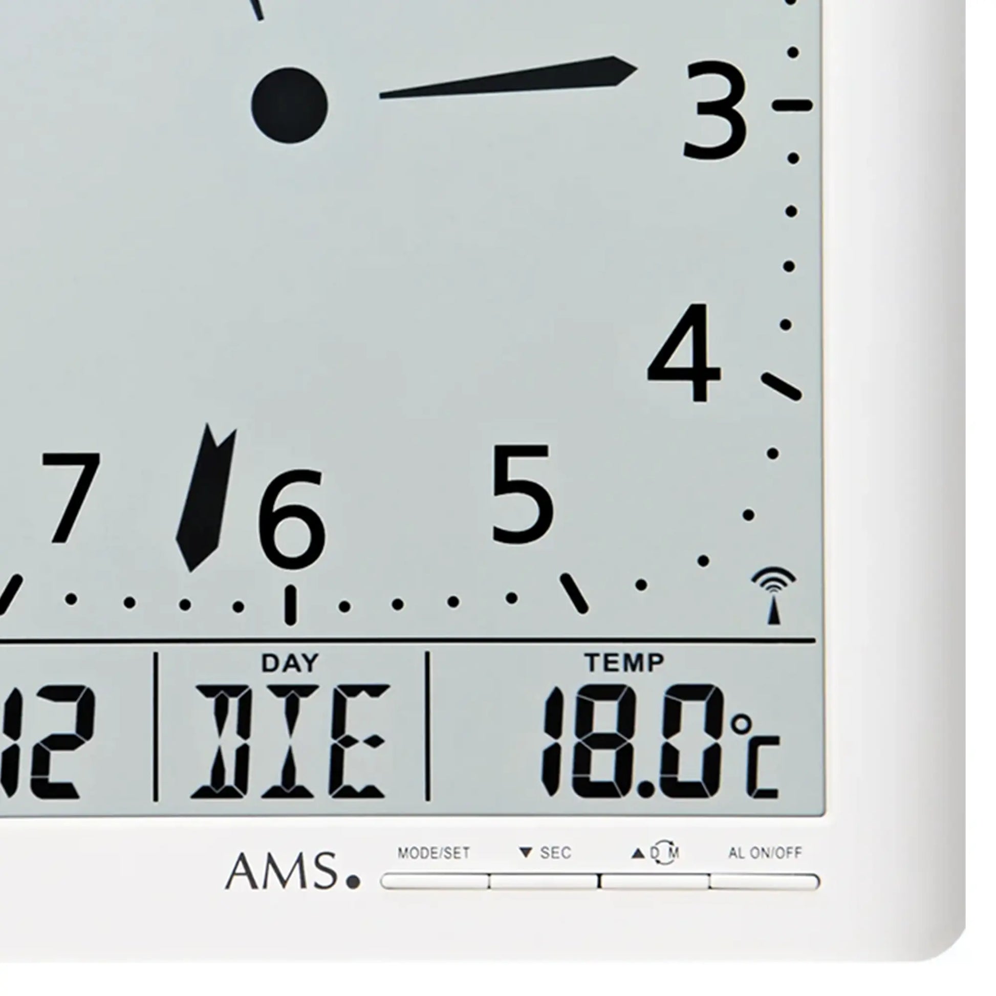 Weiße Funk-Wanduhr mit analogem Zifferblatt und digitaler Anzeige für Uhrzeit, Datum, Temp.