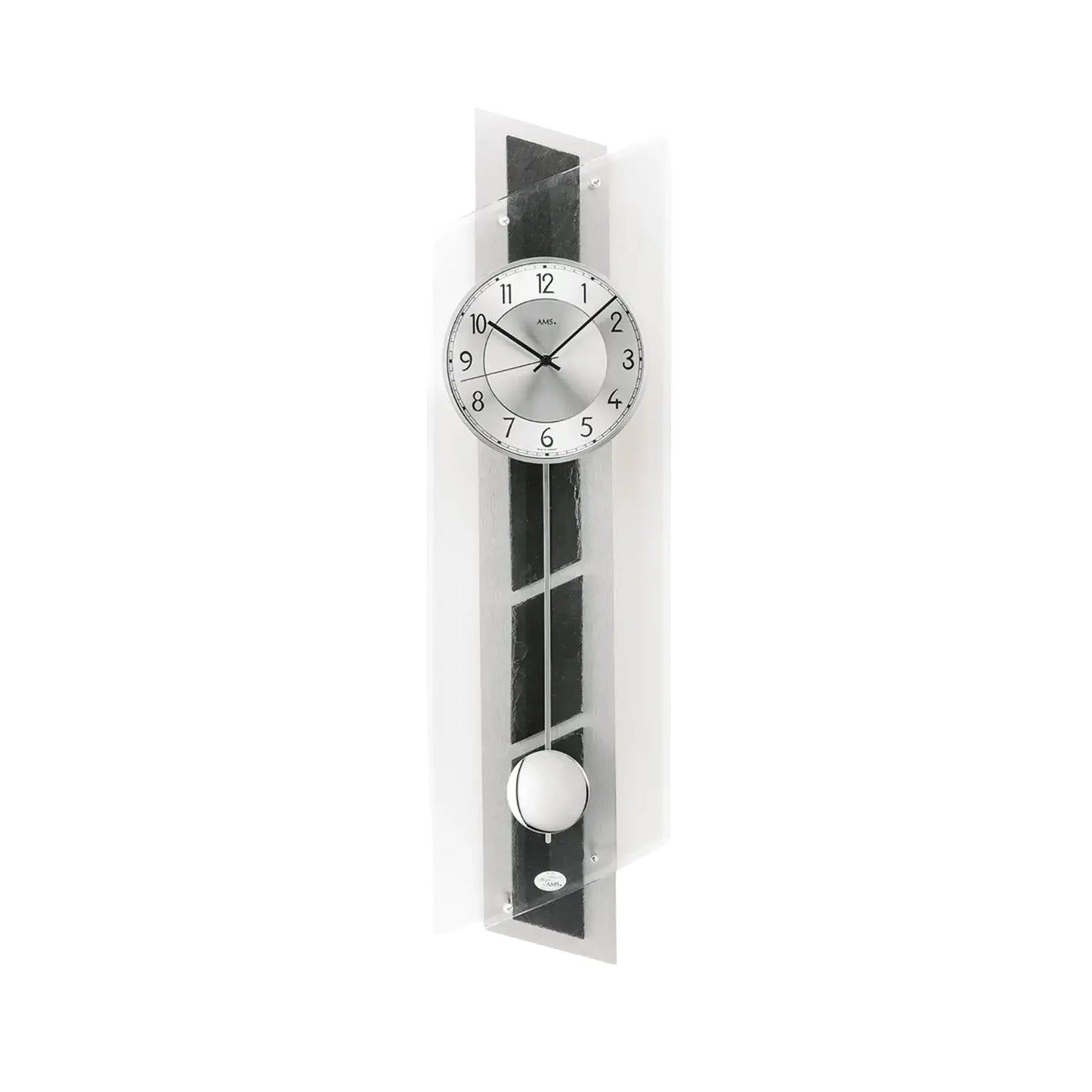 Wanduhr mit Aluminium-Zifferblatt und Pendelwerk am Naturschiefer, Pendelkugel unten