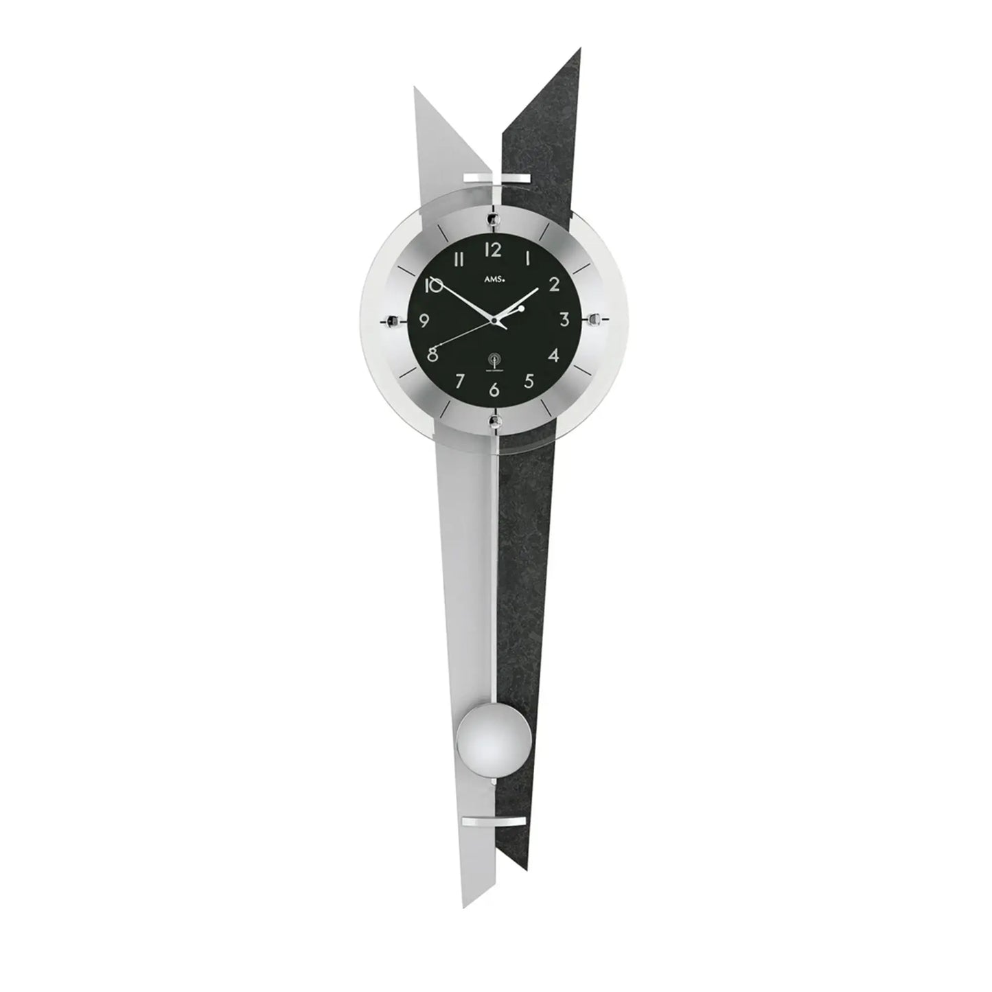 Wanduhr mit rundem Zifferblatt, schieferfarbenem Element und Pendel unten