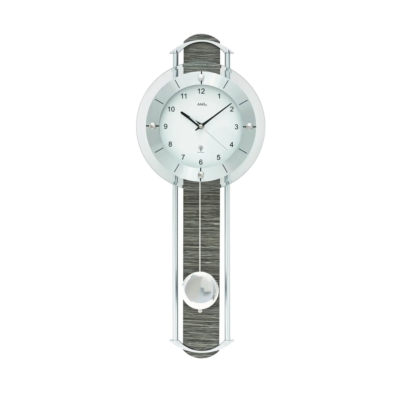 Wanduhr mit Rundziffernblatt, silbernen Glas-Seiten und pendelndem Gewichteinsatz