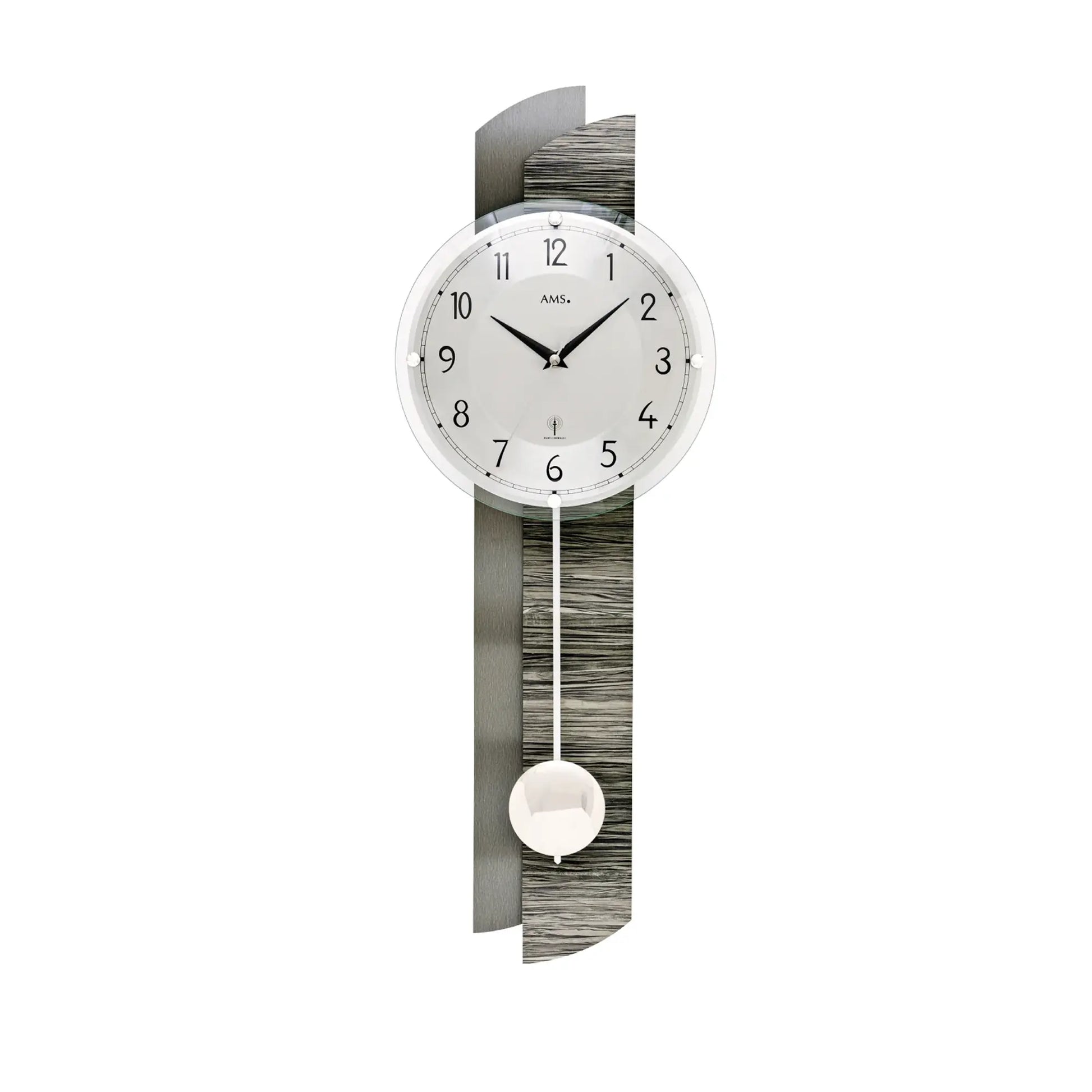 Wanduhr mit rundem Zifferblatt, schwarzen Zeigern und pendelndem Kugelgewicht, Holz/Alu