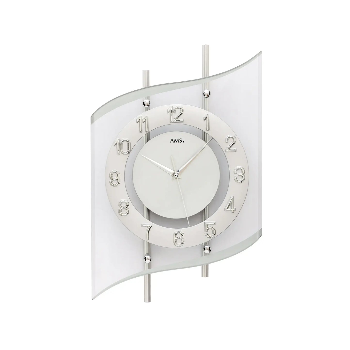 AMS Wanduhr: silbernes Metallgehäuse, Mineralglas und Zahlenring, rundes Ziffernblatt