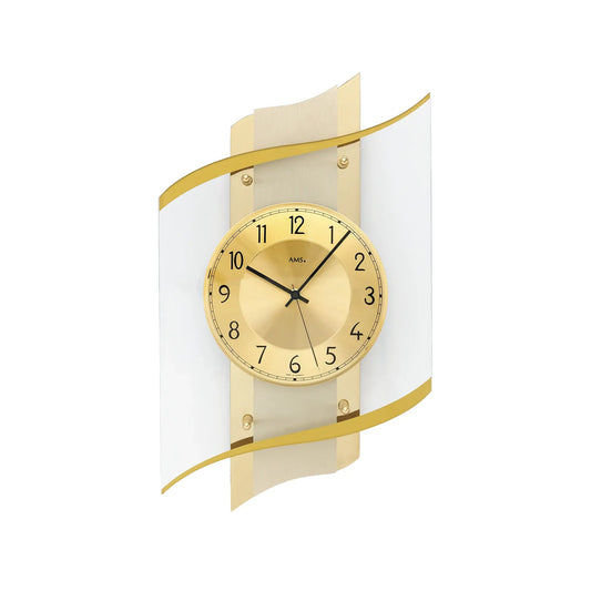 Funk-Wanduhr mit goldenem Rahmen und beigem Zifferblatt im Glas-Look