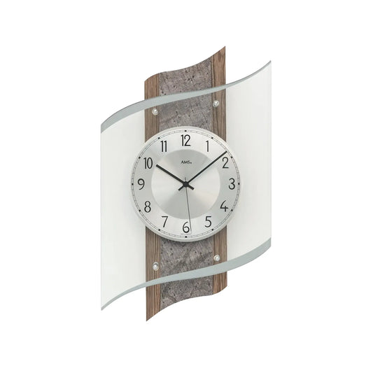 AMS Heidelberg Wanduhr mit rundem Zifferblatt, Glasfront und Holz-/Steinplatte, Funk-Uhrwerk
