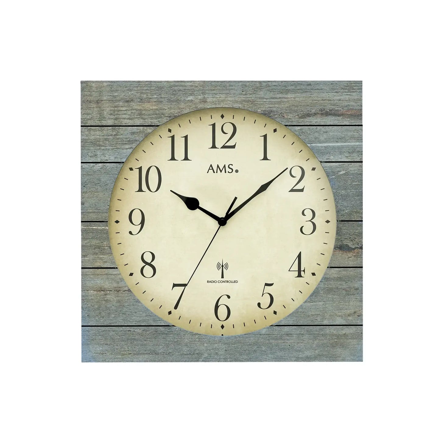 Wanduhr mit grauer Holzstruktur, analogem Zifferblatt und Mineralglas, AMS