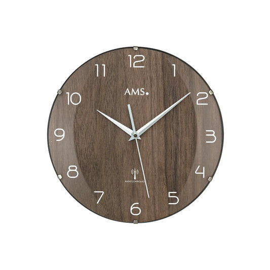 AMS Funk-Wanduhr F5558 Wanduhr Nussbaum • Funkwerk • Gewölbtes Glas