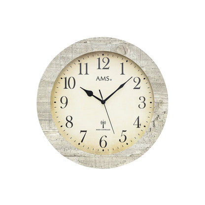 Runde AMS Funk-Wanduhr mit beigem Zifferblatt, schwarzen Zahlen und grauem Rahmen