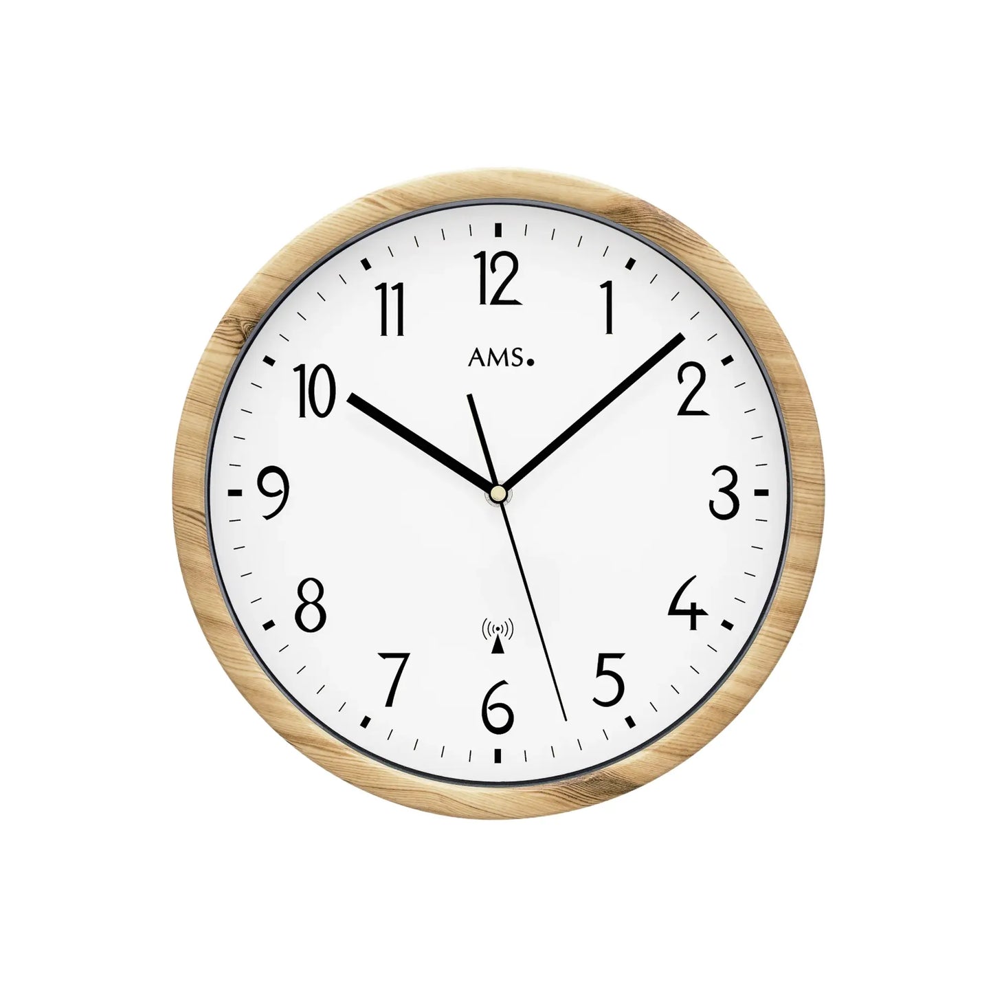 Wanduhr in Holzoptik mit Funkanzeige, weißem Ziffernblatt und schwarzen Zeigern