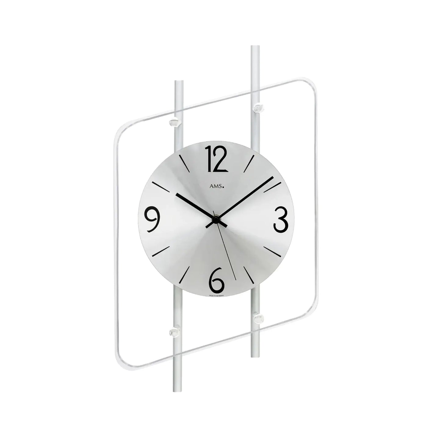 Wanduhr mit silbernem Aluminium-Zifferblatt, transparentem Rahmen und Funkwerk