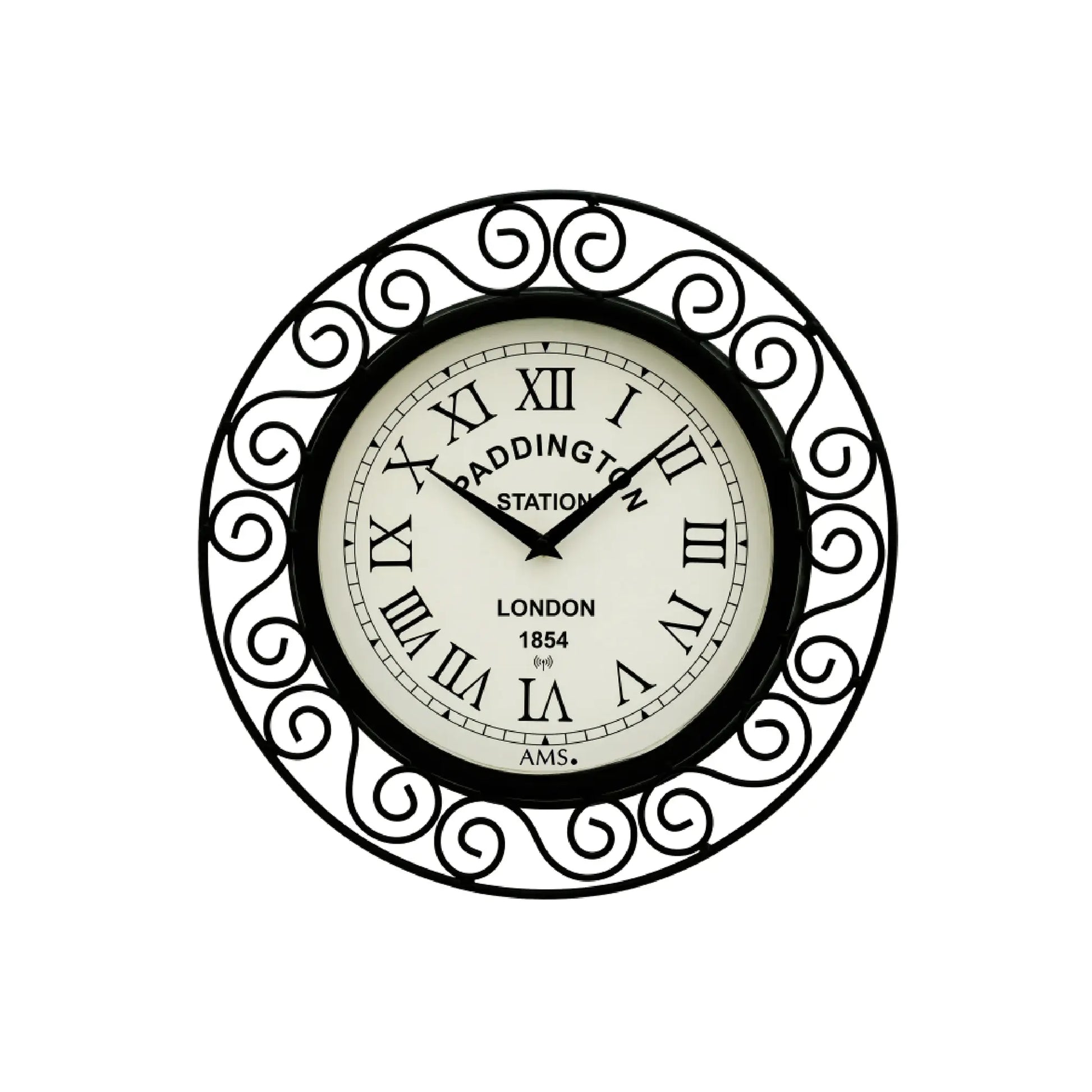 AMS Funk-Wanduhr, runder schwarzer Metallrahmen mit Ornamenten und cremefarbenem Zifferblatt