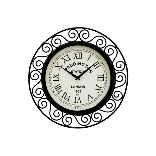 AMS Funk-Wanduhr, runder schwarzer Metallrahmen mit Ornamenten und cremefarbenem Zifferblatt
