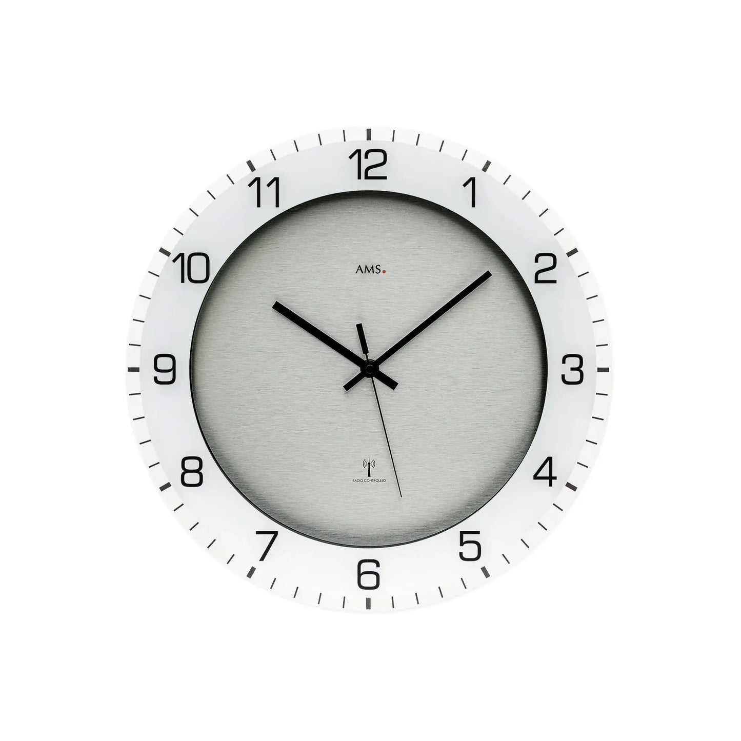 AMS Funk-Wanduhr, hellgraues Zifferblatt mit schwarzem Minuten- und Stundenzeiger