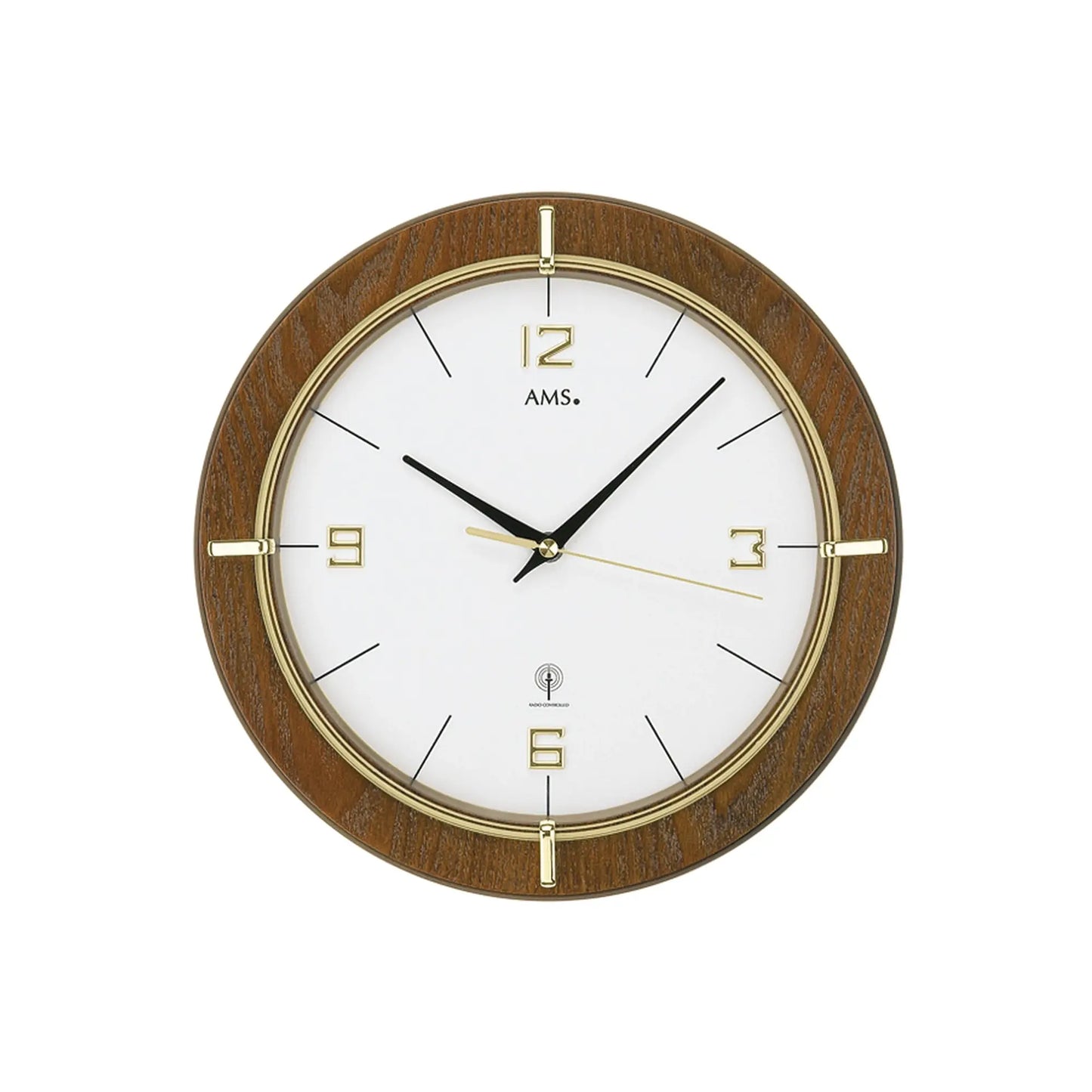 Funk-Wanduhr mit nussbaumfarbenem Holzrahmen, weißem Zifferblatt und goldenen Akzenten