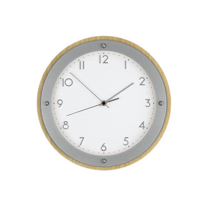 Wanduhr mit furniertem Holzrahmen, grauem Ziffernblatt und arabischen Ziffern