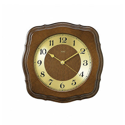 Wanduhr mit rundem Holzgehäuse aus Nussbaum und analogem Ziffernblatt