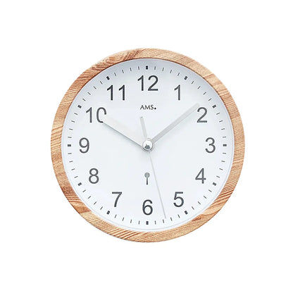 Runde Wanduhr mit Holzoptik-Rahmen, weißem Zifferblatt und schwarzen Zahlen