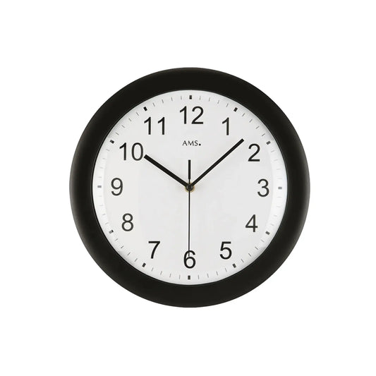 Schwarze Funk-Wanduhr mit rundem Zifferblatt und runden Zeigern