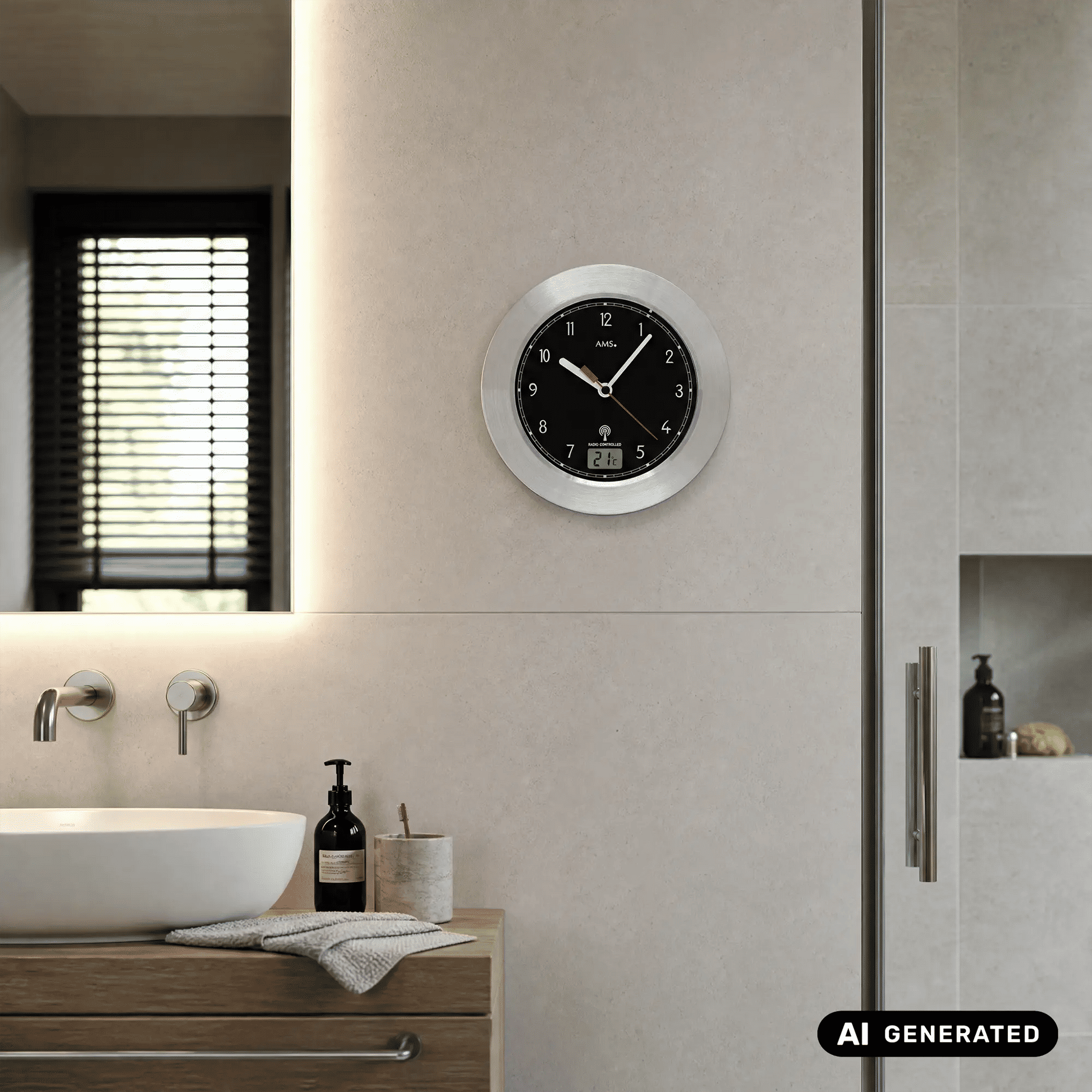 Runde Badezimmer-Wanduhr in Silber mit schwarzem Zifferblatt und digitaler Temperaturanzeige