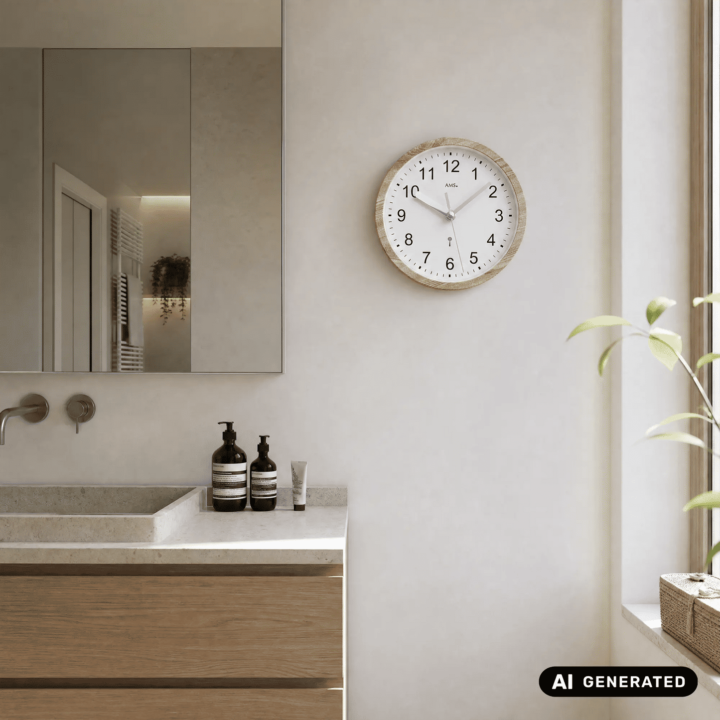 Runde Wanduhr mit Holzoptik-Rahmen und weißem Zifferblatt, an der Wand montiert