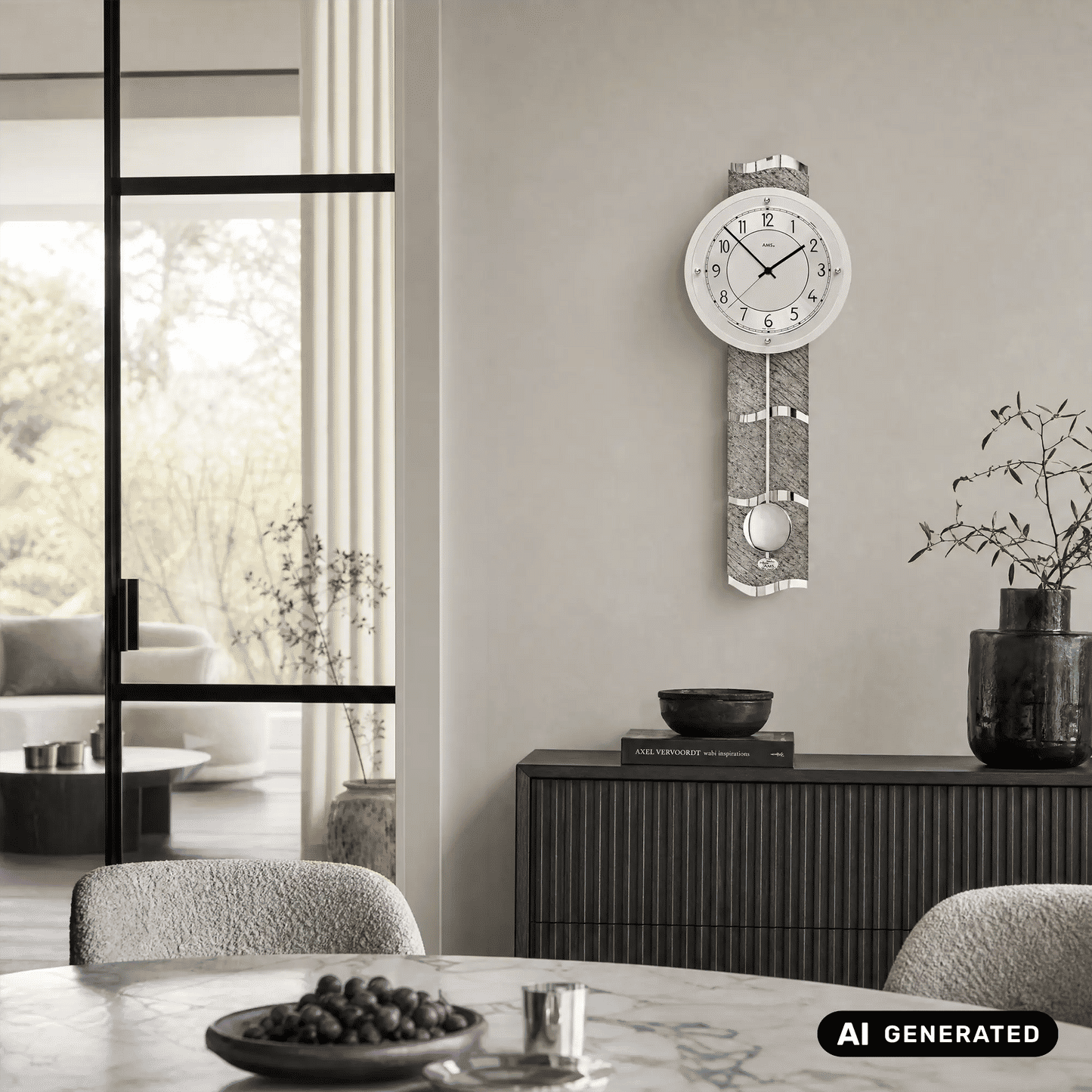 Pendel-Wanduhr an der Wand mit rundem Zifferblatt, grauem Steinfinish und Kugelpendel