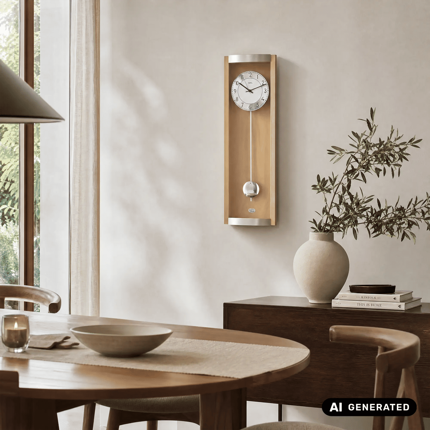 Wanduhr an der Wand: rundes Zifferblatt mit Pendelgewicht im Holzrahmen