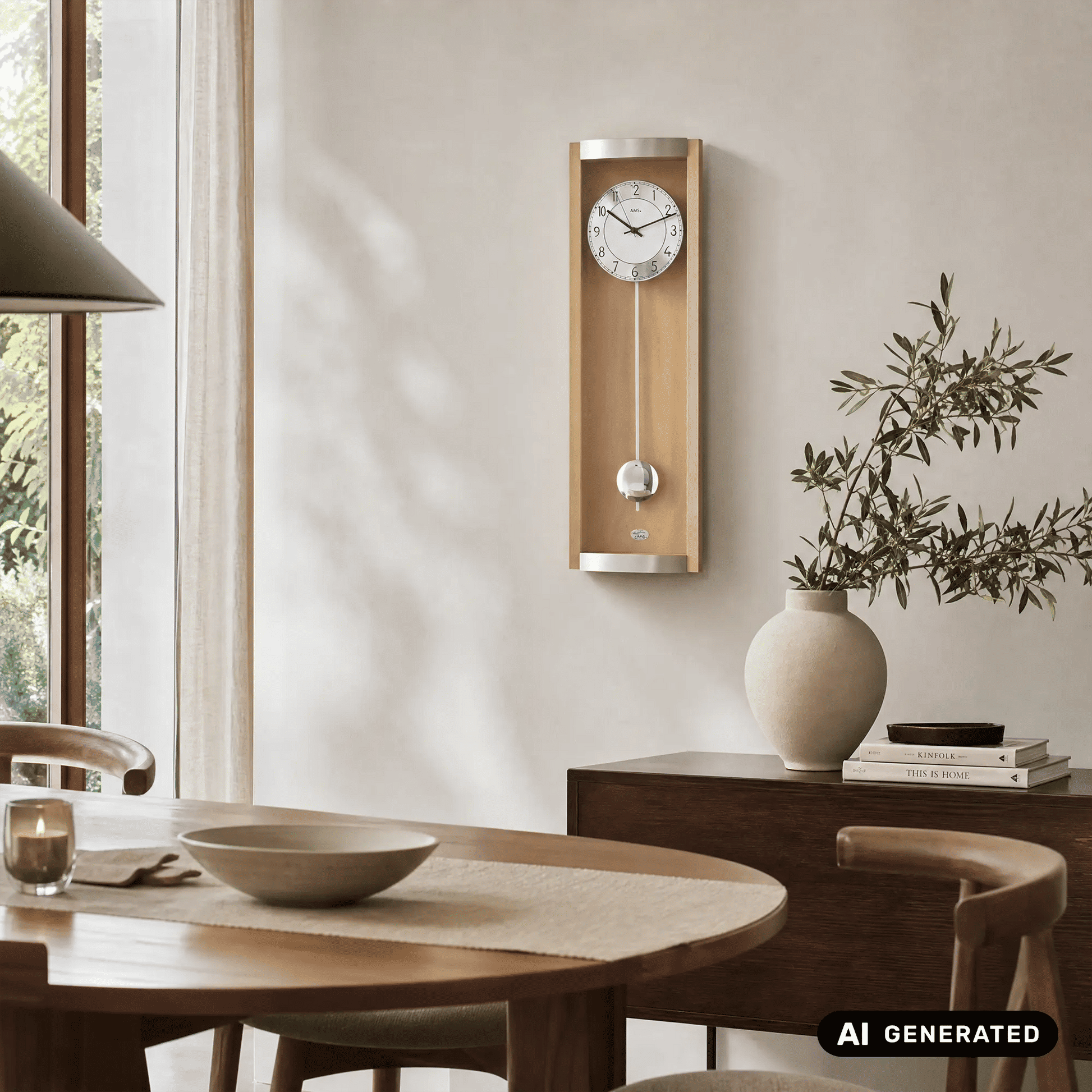 Wanduhr an der Wand: rundes Zifferblatt mit Pendelgewicht im Holzrahmen