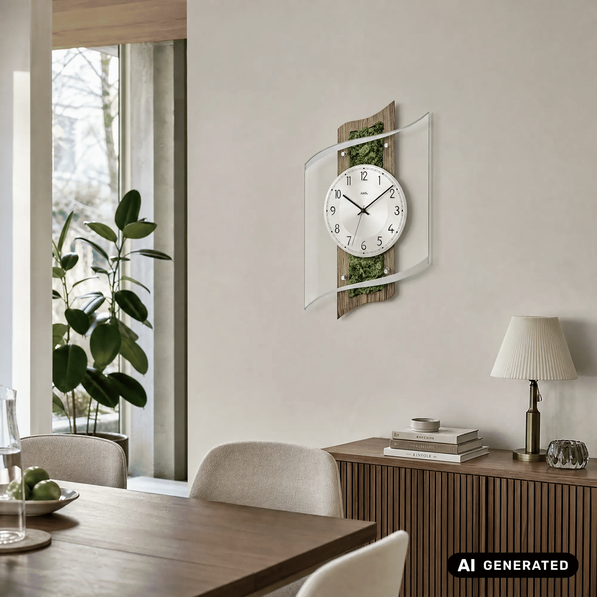 Wanduhr an der Wand mit transparentem Glasgehäuse und Holzrückwand mit grünen Akzenten