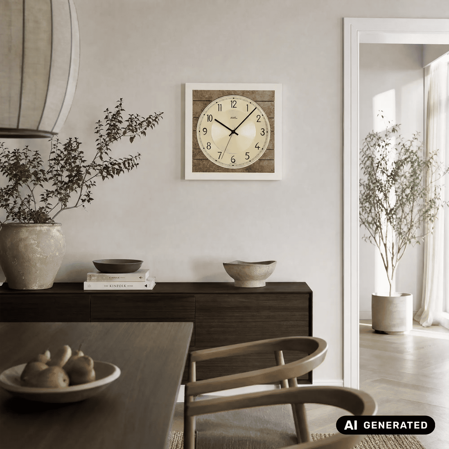 Wanduhr an der Wand, rundes Zifferblatt mit schwarzen Zeigern und römischen Zahlen, Holzrahmen
