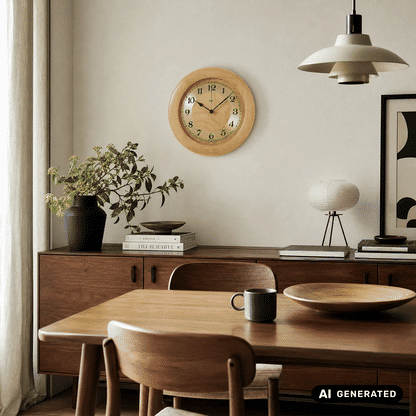 Runde Wanduhr in Holzoptik mit analogen Ziffern und schwarzem Zeigerwerk am Wohnraum
