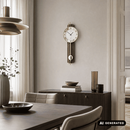 Wanduhr an der Wand: rundes Holzgehäuse, goldene Einfassung, weißes Zifferblatt, Pendel