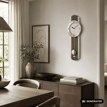 Pendel-Wanduhr an der Wand mit Holzfront, rundem Ziffernblatt und Pendel