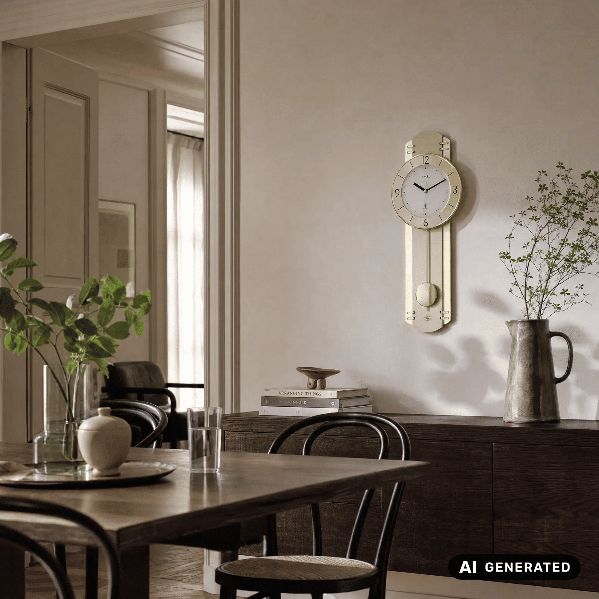 Wanduhr mit hellem Holzrahmen, rundem Zifferblatt und sichtbarem Pendelwerk
