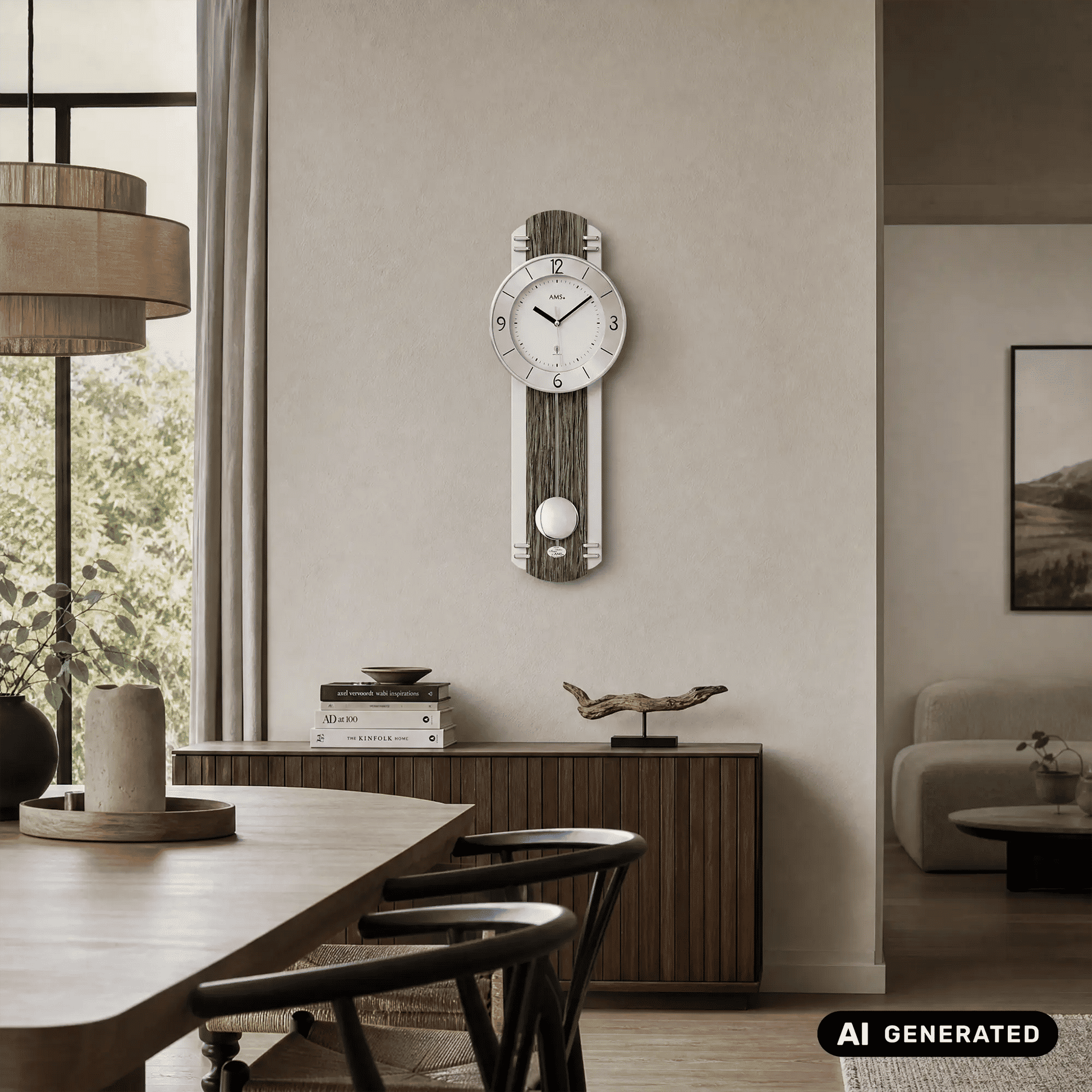 Wanduhr mit rundem Zifferblatt und Pendel, in grauem Holzdesign