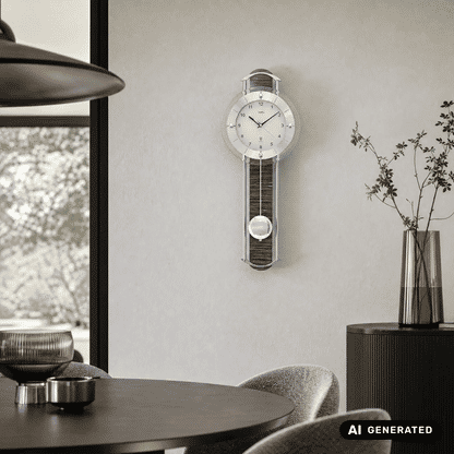 Wanduhr an der Wand mit rundem Ziffernblatt und pendelndem Einsatz im unteren Glas