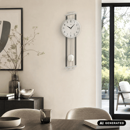 Wanduhr mit analogem Zifferblatt und Pendelkugel im schmalen Metallrahmen