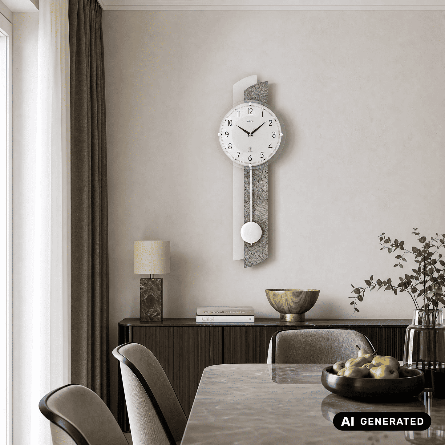 Wanduhr an der Wand mit rundem Ziffernblatt und Pendelarm, auf grauem Strukturpaneel