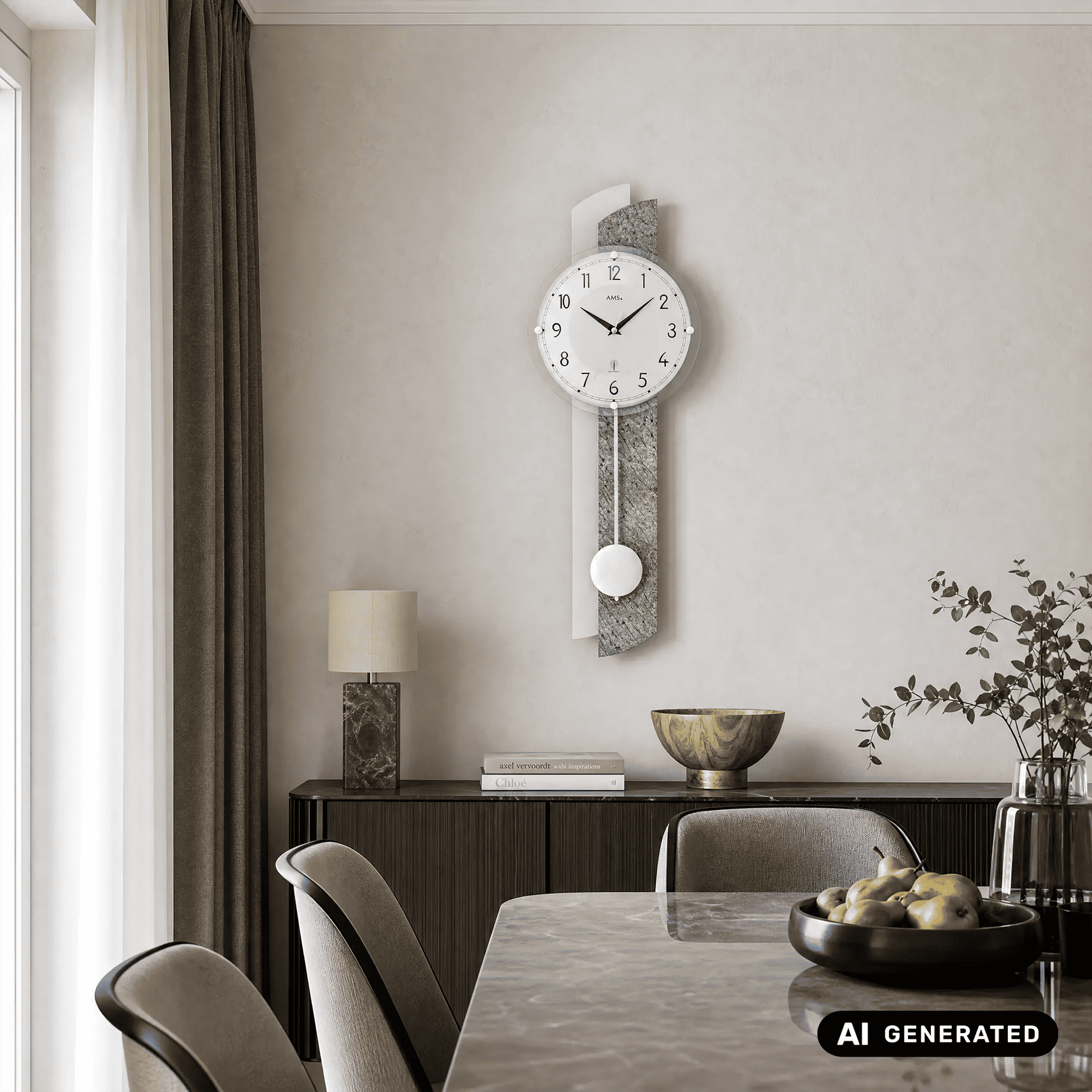 Wanduhr an der Wand mit rundem Ziffernblatt und Pendelarm, auf grauem Strukturpaneel