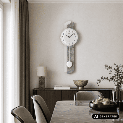 Wanduhr an der Wand mit rundem Ziffernblatt und Pendelarm, auf grauem Strukturpaneel