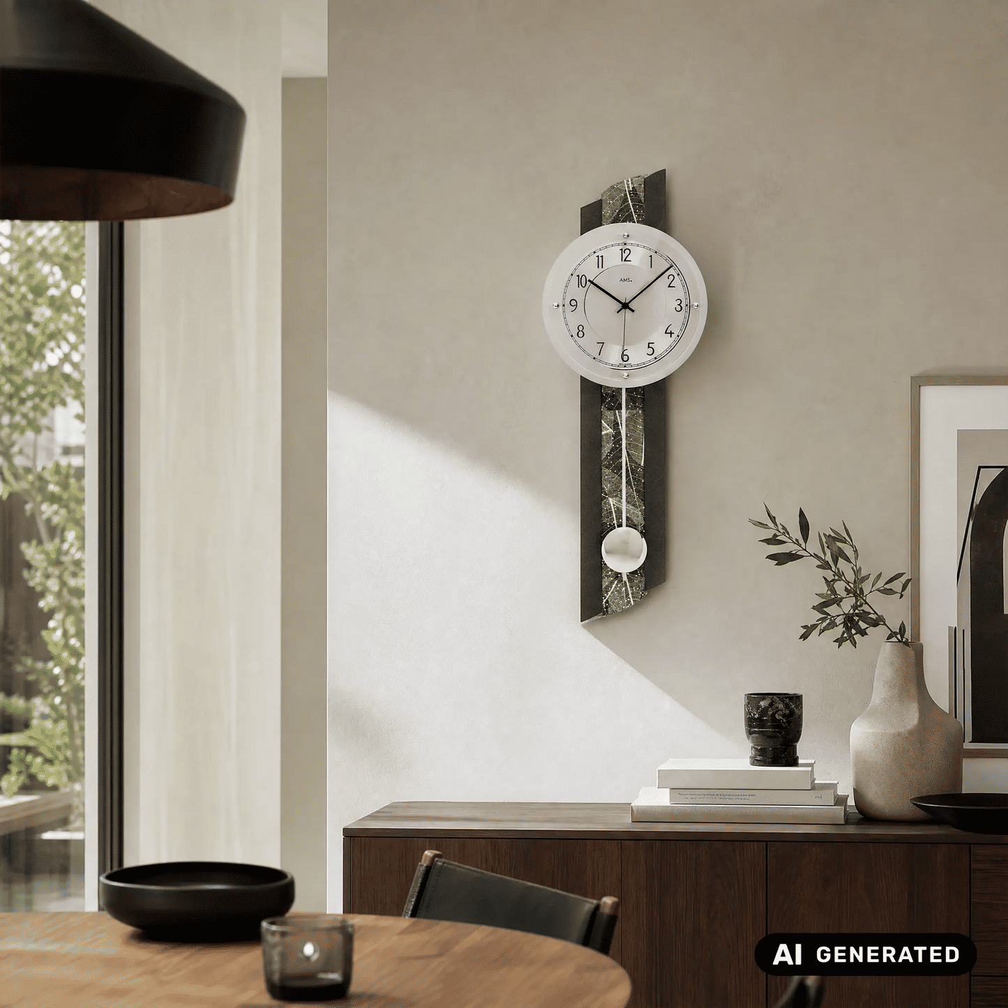 Wanduhr am Wandpaneel mit rundem Zifferblatt und Pendelkugel im Mineralglasfenster